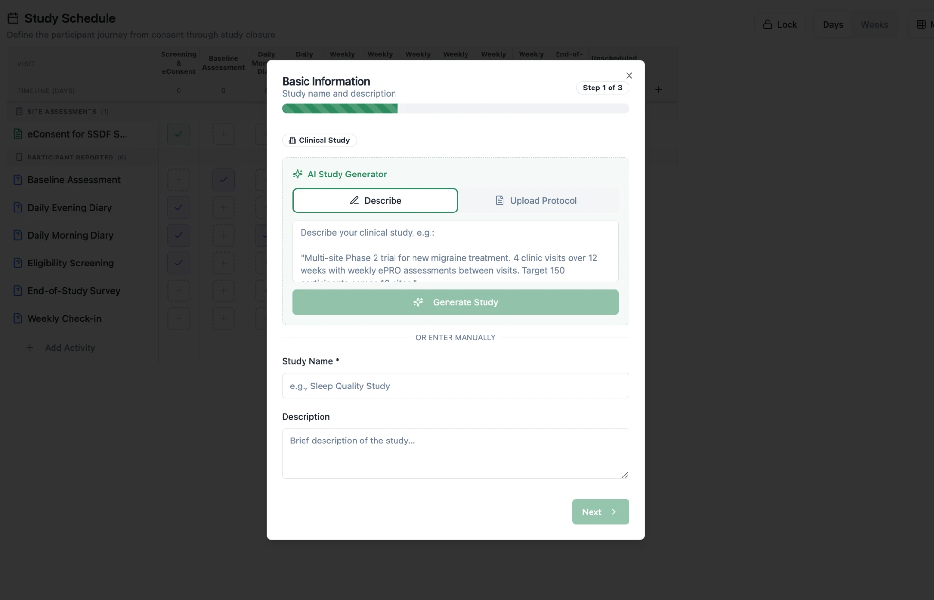 AI study generator with describe or upload protocol options